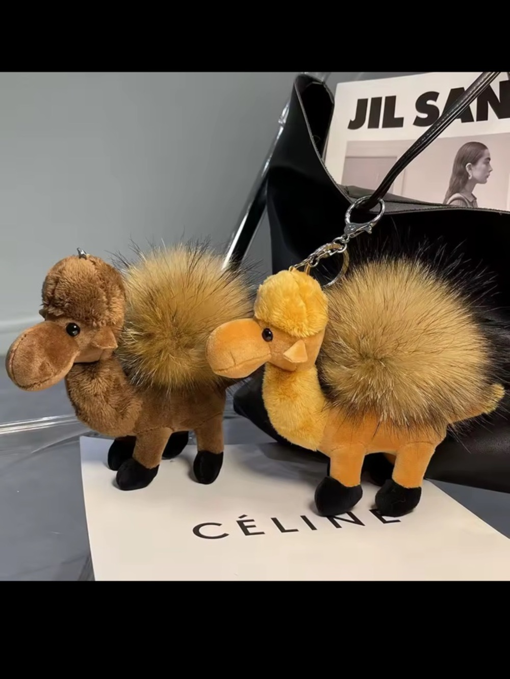 Plush Camel Keychain - Orange Faux Fur Pom Pom - Picture 7 of 7